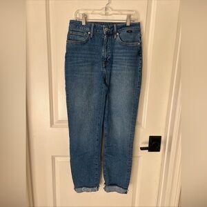 Mavi Star High Rise Iconic Mom Jeans Women Sz 27 Blue Denim Frayed Hem Stretch